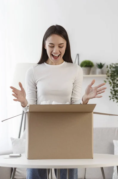 Woman screaming with joy received long-awaited package — Stock Fotó