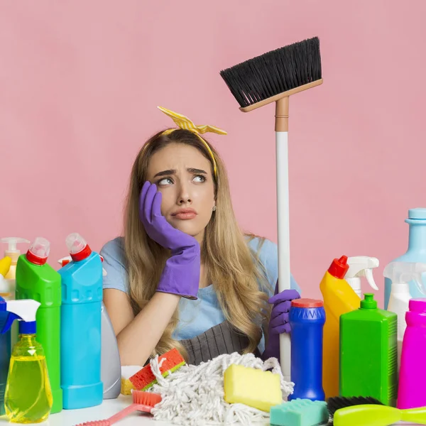 Household chores. Thoughtful girl holding a mop — 스톡 사진