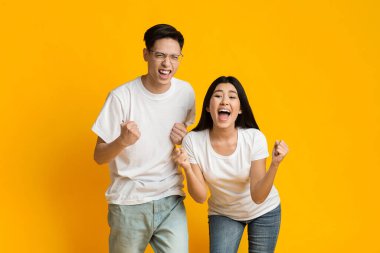 Asian partners rejoicing success, clenching fists and exclaiming