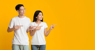 Asian couple pointing fingers on free space