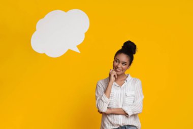 Pensive Woman On Yellow Background With Empty Speach Bubble Above Head