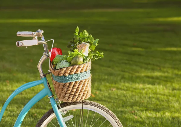 Eco friendly bike with basket full of fresh vegetables — Zdjęcie stockowe