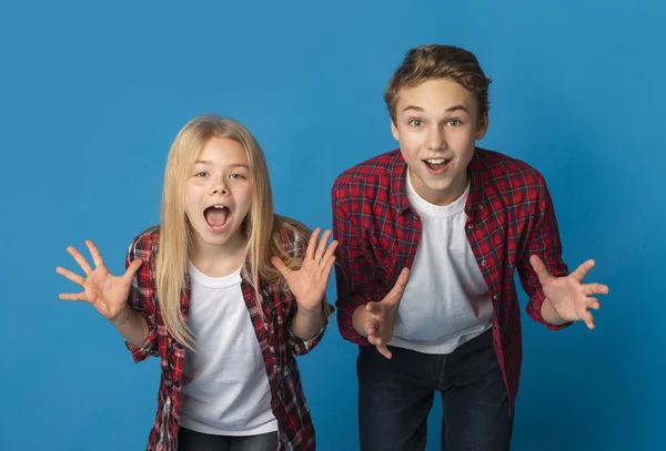 Boo. Playful little brother and sister scaring camera, screaming and gesturing — Stockfoto