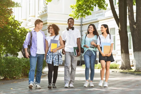 Studenti universitari felici che camminano insieme nel campus, chiacchierando e ridendo all'aperto — Foto Stock