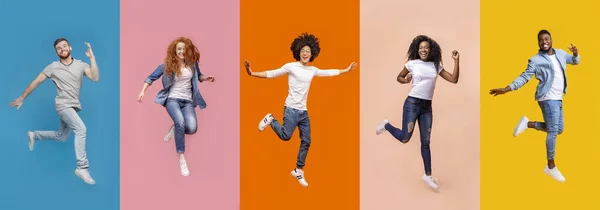 Kolaż skaczących wielonarodowych ludzi na tle kolorów, panorama — Zdjęcie stockowe