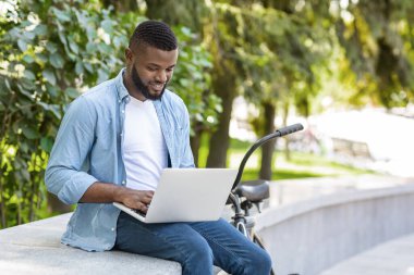 Park 'ta dizüstü bilgisayarda çalışan yakışıklı, Amerikalı, serbest çalışan adam.