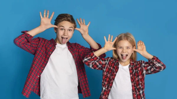 Broers en zussen dollen. kleine broer en zus grimmig op camera, blauwe achtergrond — Stockfoto