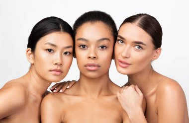 Three Mixed Girls Looking At Camera Posing Naked, Studio Shot