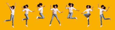 Collage of happy black girl jumping in air on yellow background