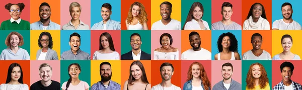 Mosaic Of Faces Of Multiethnic People Posing On Colorful Backgrounds — Stockfoto