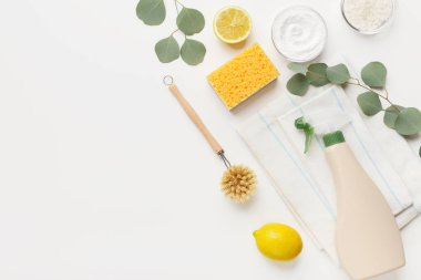 Cleaning tools layout baking soda, lemon, mustard powder