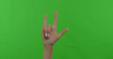 Female hand waving with horns gesture, chroma key background