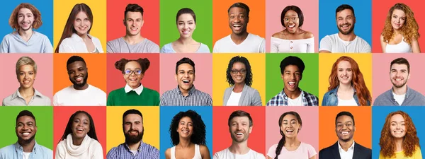 Conjunto de retratos de jóvenes felices en fondos coloridos brillantes — Foto de Stock