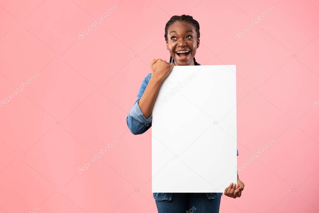 Excited Woman Holding White Board Standing Over Pink Background, Mockup