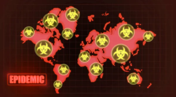 Mapa mundial rojo con zonas de peligro infectadas ilustración —  Fotos de Stock