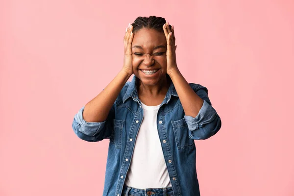 Girl With Braces Smiling With Eyes Closed On Pink Background — Stock Photo, Image