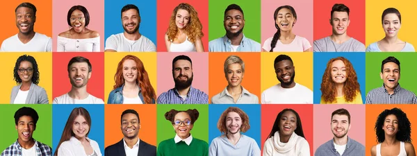 Mosaic Of Cheerful Multiethnic People Faces On Colorful Backgrounds, Panorama — Stockfoto
