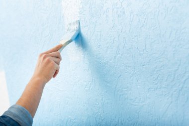 Renovation of home interior. Male hand paints with brush