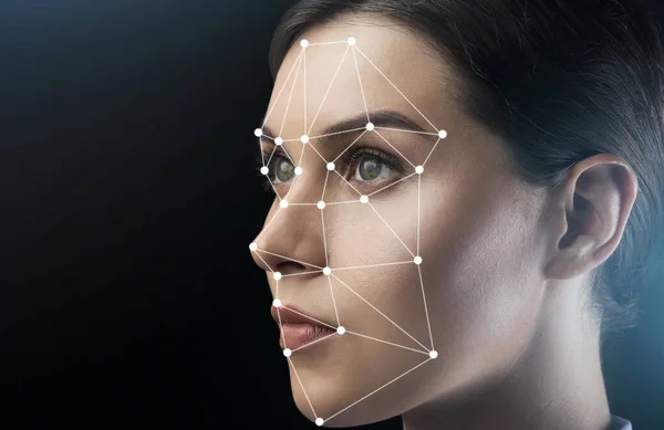 Beautiful woman with scanning grid on her face against black background, space for text. Panorama