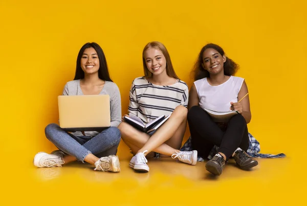 Három diák lány tanul együtt, a laptop sárga háttér — Stock Fotó
