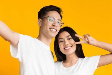 Güzel Asyalı çift selfie çekerken gülümsüyor.