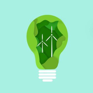 Alternatif enerji. Mavi arka planda rüzgar jeneratörlü çevre dostu ampul, illüstrasyon