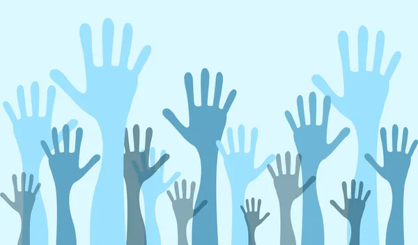 Koncepcja ekologiczna. Grupa wolontariuszy podnosząca ręce na niebieskim tle, kreatywna ilustracja — Zdjęcie stockowe
