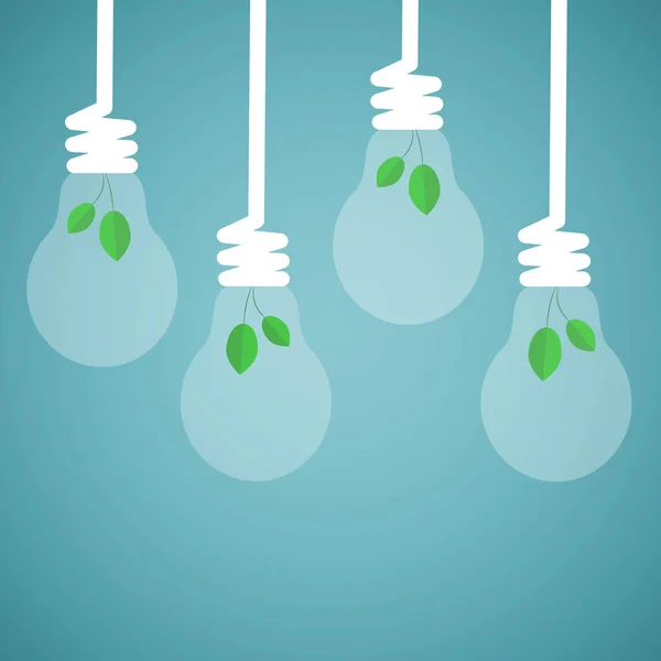 Protección del medio ambiente. Lámparas ecológicas de bajo consumo con hojas sobre fondo azul, ilustración —  Fotos de Stock