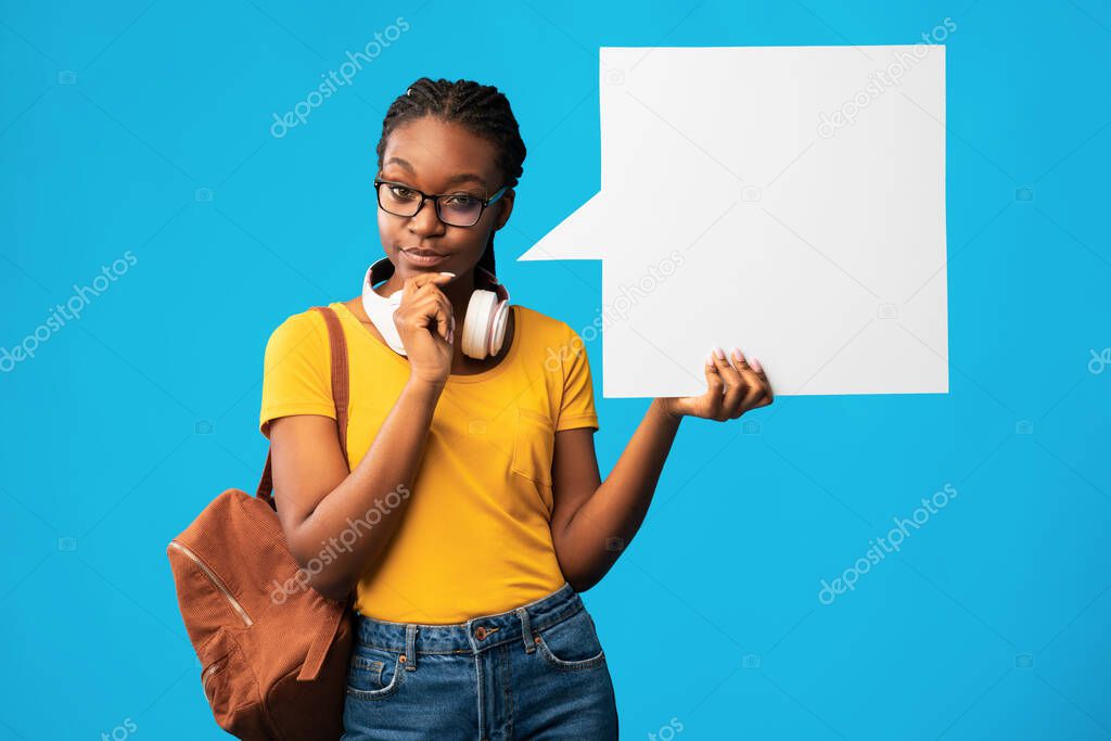 Thoughtful Girl Showing Empty Speech Bubble Over Blue Background, Mockup