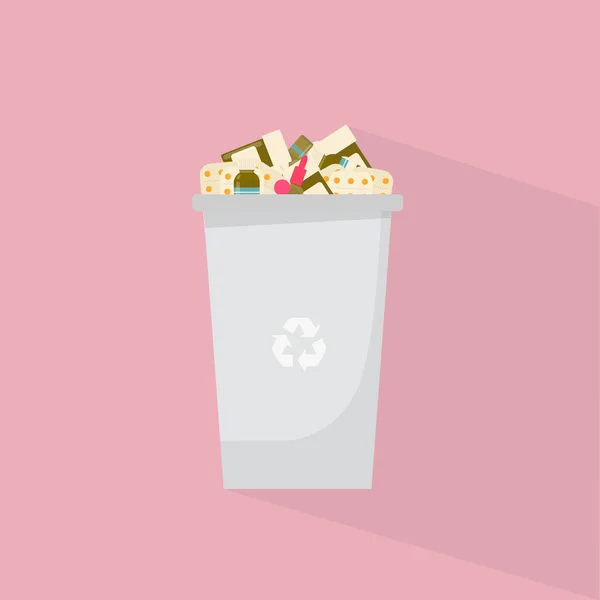 Avfallsutnyttjande. Papperskorgen med utgångna mediciner på rosa bakgrund, illustration — Stockfoto