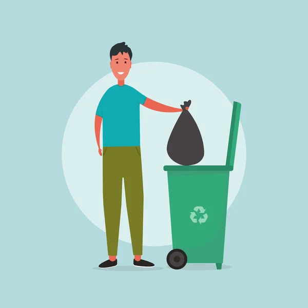 Διαχείριση αποβλήτων. Εικονογράφηση με τον άνθρωπο να πετάει τα σκουπίδια του σε σκουπιδοτενεκέ με σύμβολο ανακύκλωσης σε μπλε φόντο — Φωτογραφία Αρχείου