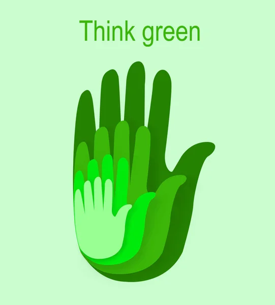 Frivilligarbete och ekologi. Gröna handavtryck symboliserar enhet på färg bakgrund, kreativ illustration — Stockfoto