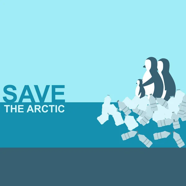 북극을 구하고. 바다에 떠 있는 플라스틱 병 위에 서 있는 펭귄들의 창의적 인 삽화 — 스톡 사진