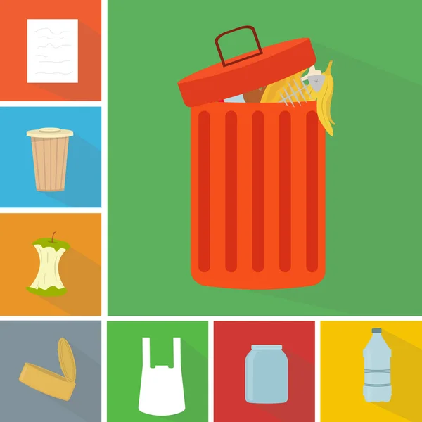 Selezione dei rifiuti da riciclare. Illustrazione con contenitore della spazzatura e vari tipi di spazzatura su sfondo a colori — Foto Stock