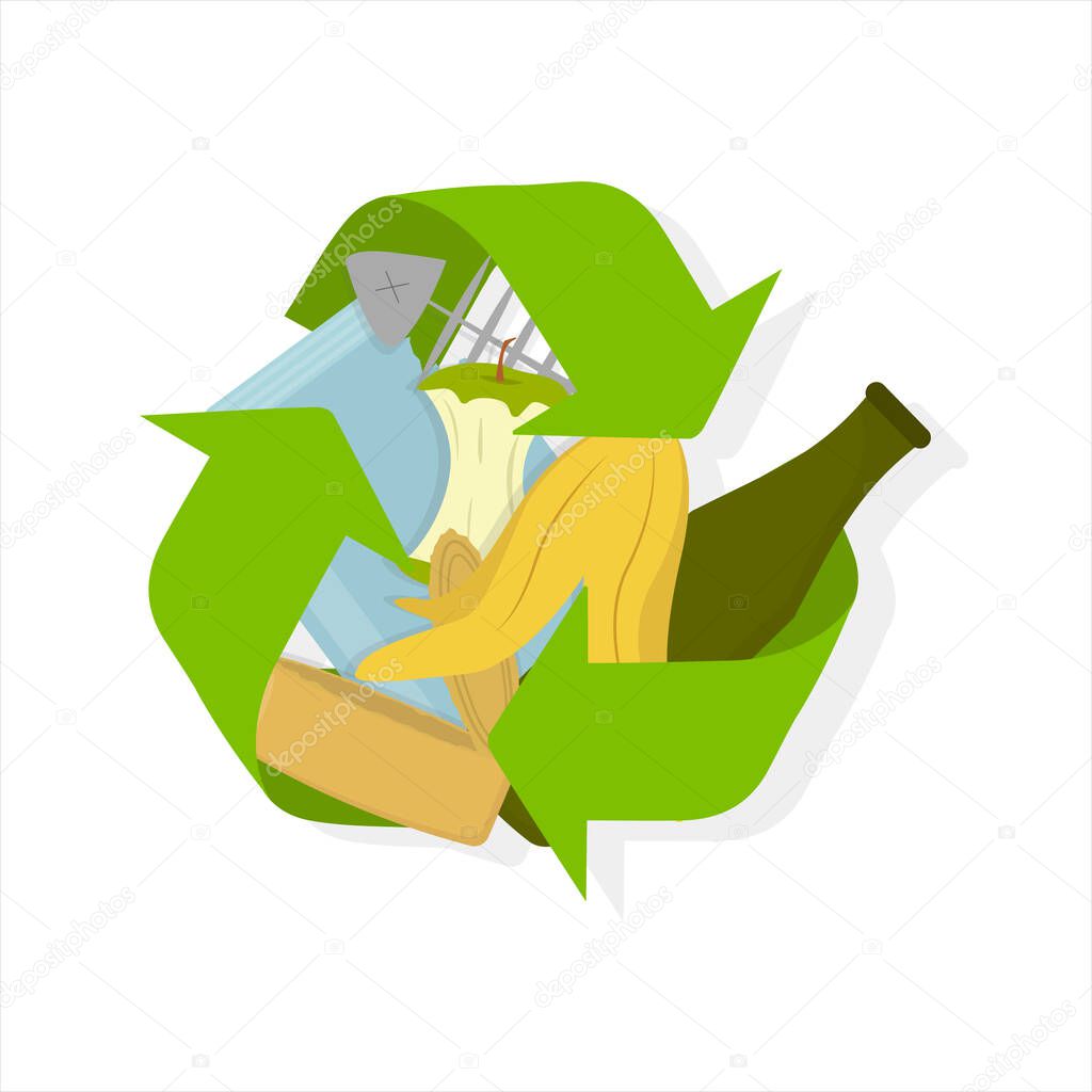 Waste recycling symbol and various kinds of trash on white background, creative illustration