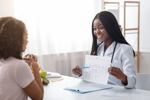 Jeune médecin diétologue montrant patient exemple de menu hebdomadaire — Photo