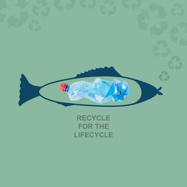 Забруднення океанського пластику. Колаж з одноразовою пляшкою всередині риби та тексту RECYCLE Для LIFECYCLE — стокове фото