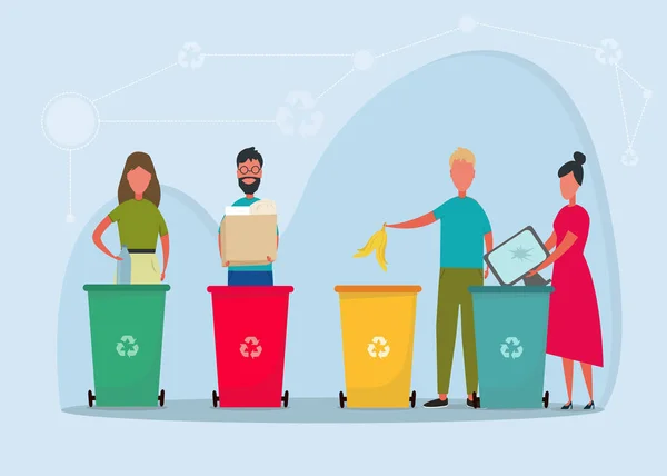 Classificação e reciclagem de resíduos. Pessoas jogando fora seu lixo em diferentes trashcanson fundo azul, ilustração — Fotografia de Stock
