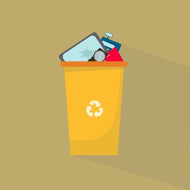 Teknolojik atık geri dönüşümü. Renk arkaplanı üzerinde bozuk elektrik aygıtları olan çöp kutusu, illüstrasyon