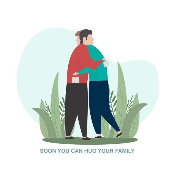Förebyggande av allvarliga sjukdomar. Illustration med två personer som omfamnar och textar SOON YOU CAN HUG YOUR FAMILY — Stockfoto