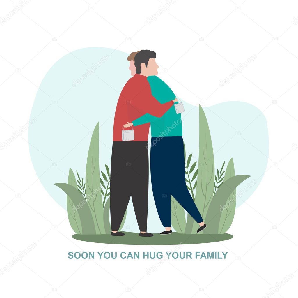 Contagious disease prevention. Illustration with two people embracing and text SOON YOU CAN HUG YOUR FAMILY