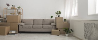 Tamir öncesi oda, kanepe, kutudaki kıyafetler.