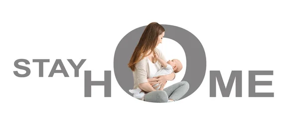 Карантин коронавируса. Молодая мама с симпатичным ребенком и текст остаться дома на белом фоне, творческий коллаж — стоковое фото