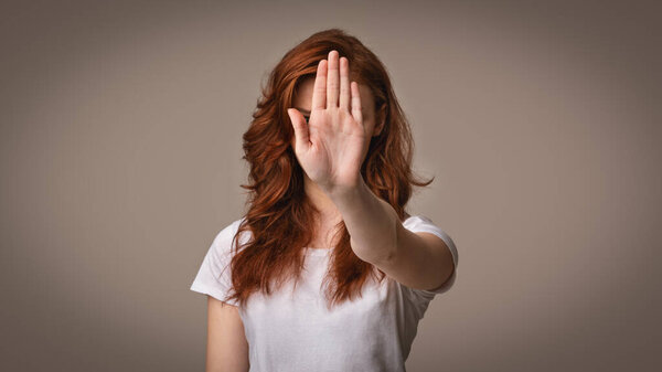 Unrecognizable Girl Gesturing Stop Standing Over Gray Background, Panorama