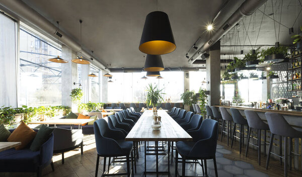 Comfortable modern dining place, contemporary design, panorama