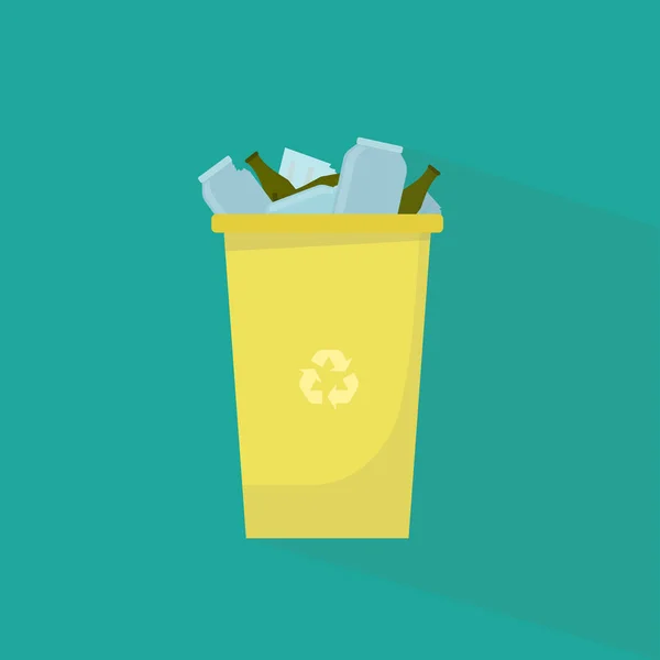 Afvalrecycling. prullenbak vol glazen voorwerpen op turquoise achtergrond, illustratie — Stockfoto