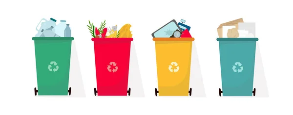 Smistamento rifiuti. Pattumiere con plastica, organico, carta e spazzatura tecnologica su fondo bianco, illustrazione — Foto Stock