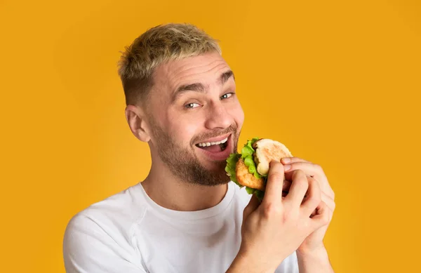 Ridículo bonito homem adora fast food, espaço livre — Fotografia de Stock