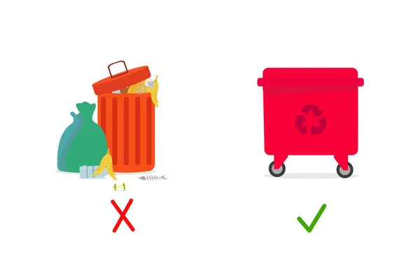 Caixote do lixo completo com lixo diferente vs lixeira de reciclagem —  Vetores de Stock
