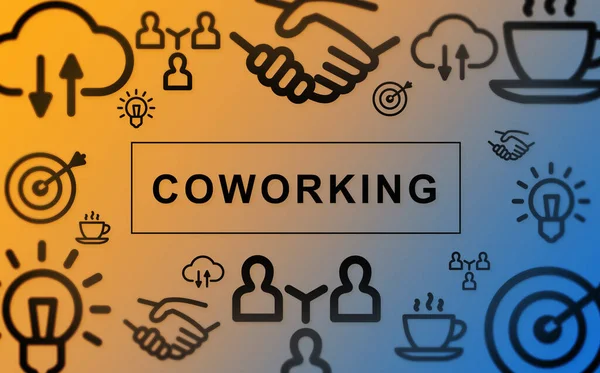 Renk arkaplanı üzerinde COworking ve işbirliğiyle ilgili simgelerle resim — Stok fotoğraf